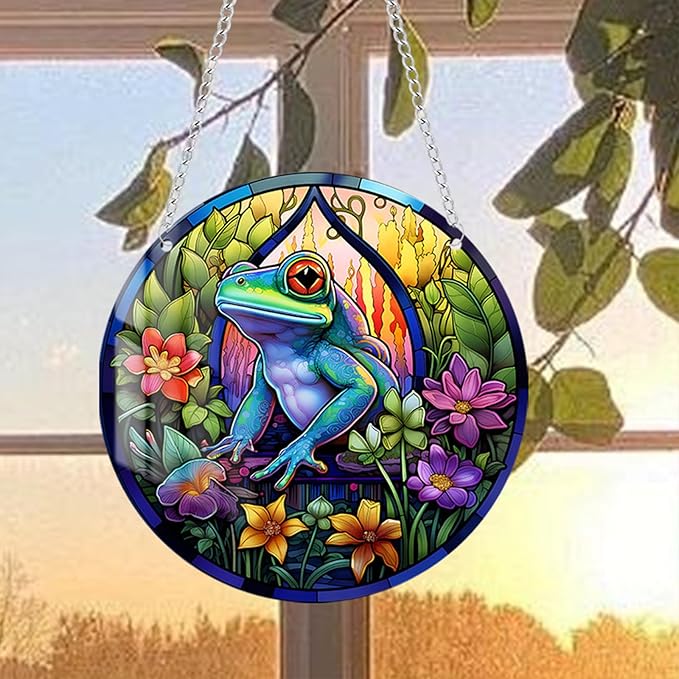 Stained Glass Window Hanging, Green Frog Flower Sun Catchers Colorful Glass Panel Cute Suncatcher Decor for Birthday for Women, Men, Wife, Aunt, and Mom 5.9x5.9 in