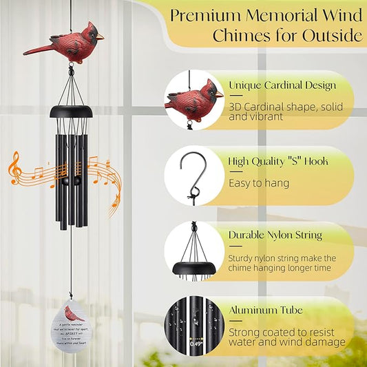 Memorial Wind Chimes for Outside,Cardinal Wind Chimes for Loss of Loved One,Sympathy Wind Chime,Memorial Gifts for Loss of Mother,Sympathy Gifts for Loss of Dad,Windchimes in Memory of a Loved One