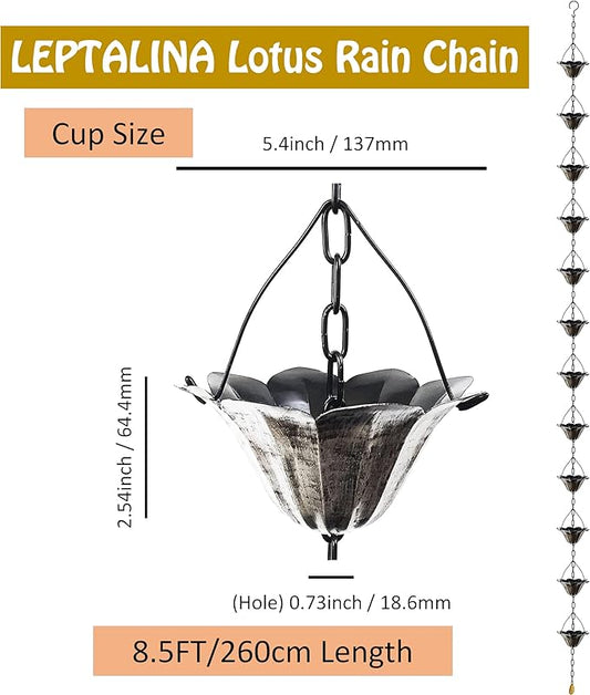 8.5FT Lotus Antique Silver Color Iron Rain Chains for Gutter and Rain Barrel, Rust-Resistant Plated Garden Décor Rain Chain for Downspout, Bonus Rain Chain Gutter Adapter