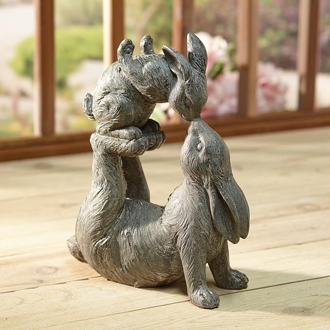 ART & ARTIFACT Kissing Rabbits Garden Sculpture - Parent Child Bunny Yard Decor
