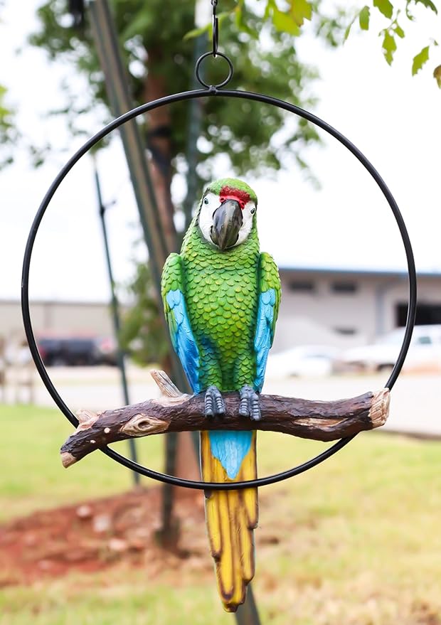 Ebros Patio Home Garden Hanging Scarlet Macaw Parrot Perching on Branch in Metal Round Ring Figurine Sculpture Nature Lovers Tropical Bird Collectors Decor 13.5" H (Green)