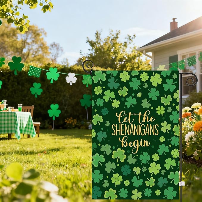 St Patricks Day Garden Flag 12x18 Double Sided for Outside Shamrock Clover Let the Shenanigans Begin Yard Signs Saint Patrick Spring Outdoor Decorative