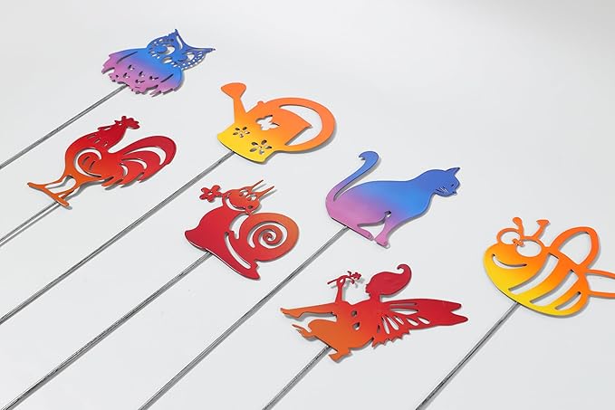 7PCS Metal Small Animal Decoration Stakes with Owl, Cat, Bee, Rooster, Snail, Fairy, and Flower Pot Designs - Hollow Out Silhouette Yard Art for Outdoor Patio Lawn Garden Decor