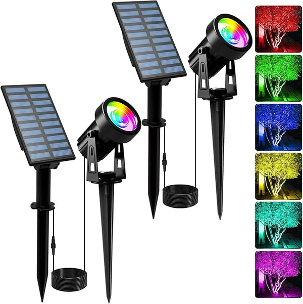 T-SUNUS Solar Spotlights Outdoor RGB, Color Changing Landscape Lights with 9.8ft Cable, IP65 Waterproof, Adjustable Solar Panel & Light, Auto On/Off for Yard Tree Pathway Driveway Christmas (2 Pack)