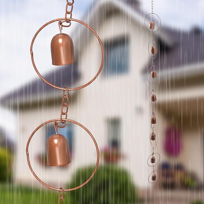 Hanging Rain Chime Metal Rain Chain Garden Wind Chimes Decorative Bell Musical Rain Feng Shui Good Luck Chimes for Gutter Drainage Home Outside Decor