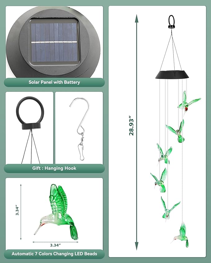 DOUBLEZHE Solar Wind Chimes for Outside, Color Changing Hummingbird Wind Chime Outdoor Clearance, Birthday Gifts for Mom Women Grandma Wife Girls, Unique Decor Colorful Patio Yard Party Decoration