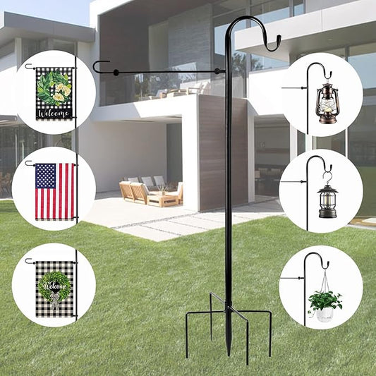 Garden Flag Holder Stand and Shepherds Hooks, 48 Inch Height with 1/2 Thick Metal Pole-Outdoor Lawn Yard Stake for Small 12x18, Solar Lights-Mini (1), Black (GFSH-X1)