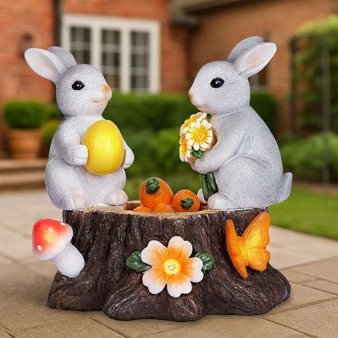 Garden Statues Rabbit with Solar Lights Bunny Figurines Outdoor Decorations for Home Lawn Patio Balcony Backyard for Women Mom Grandma Easter or Birthday