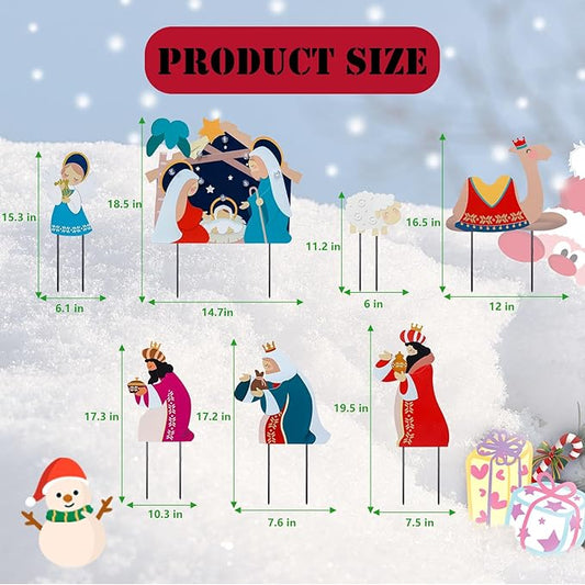 Afirst Christmas Yard Stakes Nativity Scene Outdoor Decoration Lighted Holy Nativity Scene Yard Signs 7 Pcs Jesus Birth Manger Sets for Lawn Pathway Outdoor Decoration