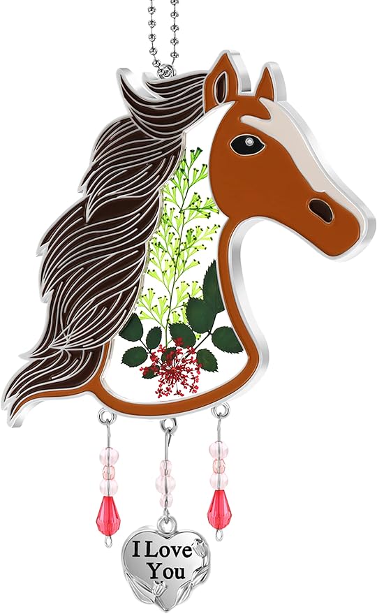 KY&BOSAM Horse Head Suncatcher Stained Glass Hand-Painted I Love You Suncatchers Ornament hangings Wind Chime with Pressed Flower Horse Embedded in Glass Window Mother`s Day Birthdays…