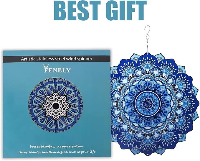 Wind Spinner Yard Art Garden Decor 3D Stainless Steel Metal Sculptures Kinetic Hanging Whirligigs Blue Mandala Decorations Backyard Outside Indoor Outdoor Patio Ornaments Clearance Windmill