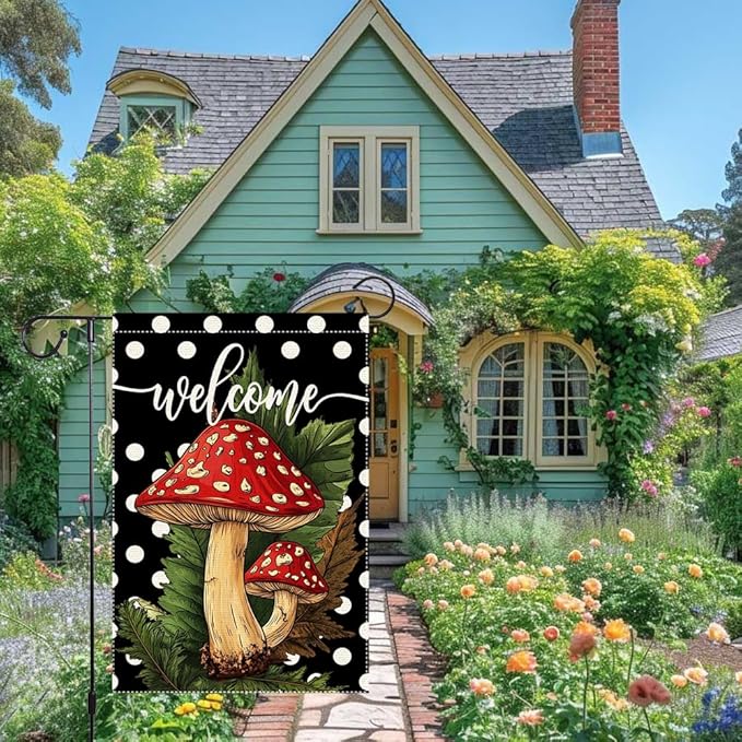 Welcome Spring Summer Garden Flag Polka Dots mushrooms Garen Flags 12x18 inch Double Sided Vertical Burlap Outdoor Lawn Patio Rustic Farmhouse Decor