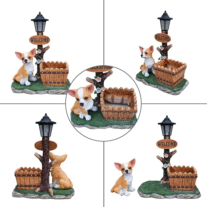 20" Solar Chihuahua Garden Statue with Welcome Sign & Planter - Large Dog Sculpture with LED Street Lantern - Weatherproof Resin Decorative Flower Pot for Porch, Yard & Patio - Pet Lover Gift