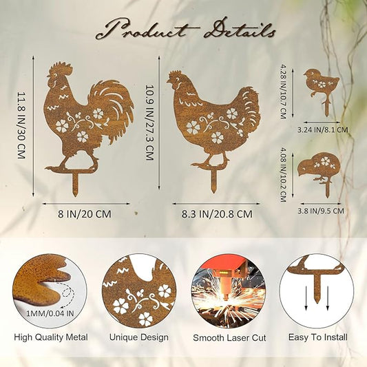 Metal Chicken Garden Decor Outdoor, Chicken Gifts for Women/Men/Chicken Lovers Gifts,Black Chicken Silhouette Statues Garden Decor for Outdoor Decor,Yard Art,Backyard,Patio,Lawn Ornaments (Gold)