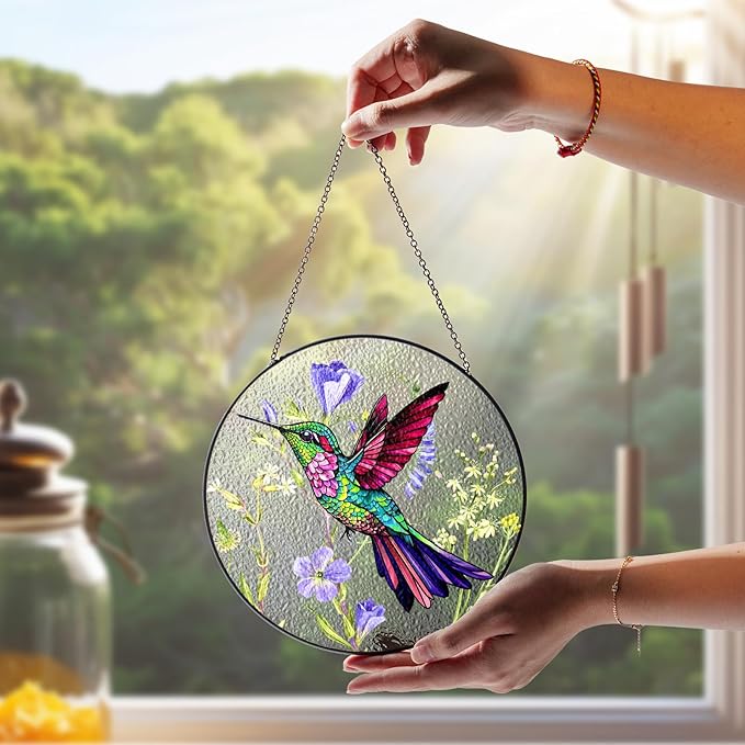 7.8" Hummingbird Stained Glass Suncatcher, Bird Suncatcher for Window Hanging, Art Decor for Home Garden Housewarming, Gift for Mom, Grandma, Women, Friend, Bird Lover BIRD-19B-SG8