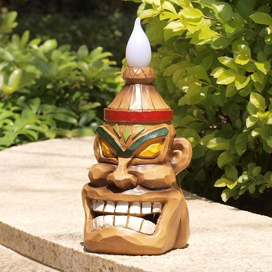 Outdoor Solar Tiki Statue Decor - Tiki Bar Decoration - Torch Tiki Head Statues for Patio, Yard, Backyard, Lawn, Garden Gift, Garden Tiki Figurine 8.74 Inch Tall