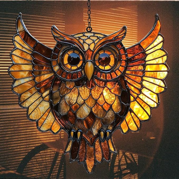Owl Tiffany Style Acrylic Suncatcher Stained Glass Effect Window Car Hanging Christmas Ornament Indoor Outdoor Decor Garden Sun Catcher Panel for Owl Lover for Women Mom Grandma