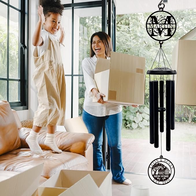 Personalized New Home Wind Chimes, 37" Large Deep Tone Wind Chime with Custom Name & Initial Metal Sign, Housewarming Gift for New Homeowners Couples, Established Date, Outdoor Garden Patio Decor