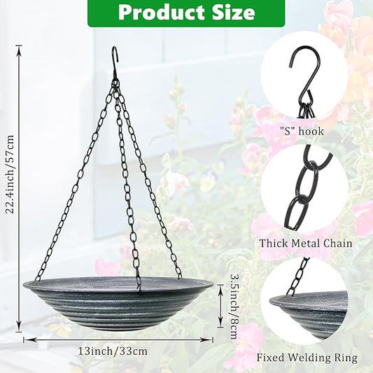 13 inch Rain Chain Basin, Metal Rain Chains Anchoring Bowl Dish, DIY Rain Chain Basin for Gutter Downspout, Hanging Birdbath for Outdoor Garden Patio Decor, Grey