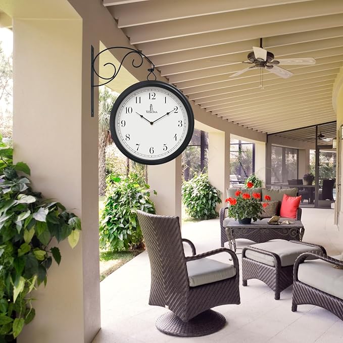 Large Metal Double Sided Wall Clock 13.4" - Decorative Indoor Outdoor Double Sided Clock - Easy to Read, Hanging Train Station Style for Patio, Garden, Office - Antique Style Outside Corner Wall Decor