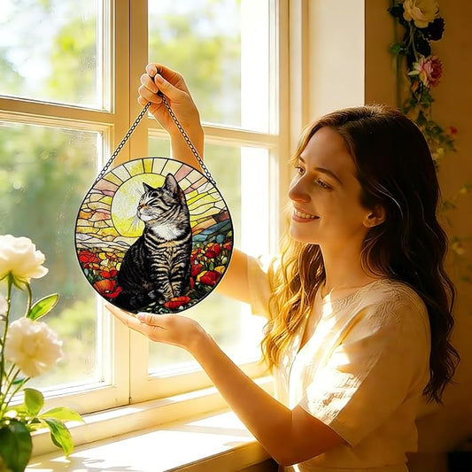 Stained Glass Window Hanging, 8 Inch Tabby Cat Suncatcher, Sun Catchers Indoor Window Ornaments, Suncatchers for Windows Hanging, Spring Home Garden Decor Panel Cat Lovers Gifts for Mom Grandma Wife