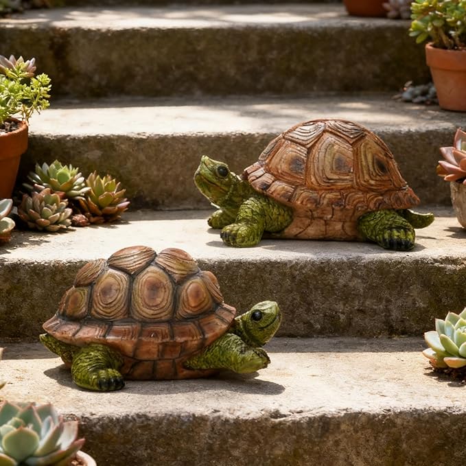 Garden Outdoor Turtle Statue, Resin Garden Sculptures Turtle Decor Realistic Tortoise Figurine for Outdoor Courtyard, Lawn Landscape, Pond,Festival and Birthday Gifts (Green-Right)