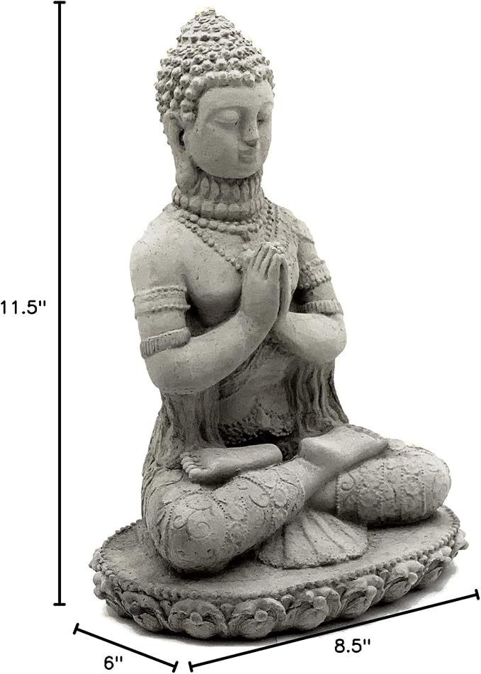 Praying Buddha Statue: Durable Solid Stone Sculpture with Aged Texture. Unique Home Décor, Garden Accent. Sealed for Outdoors. Handcrafted USA. (Antique/Gray)