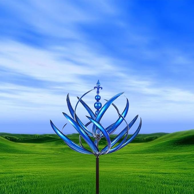 360° Outdoor Wind Spinner, Garden Pinwheels Metal Wind Sculpture Spinner with Gardens Stake, Rotating Windmill Yard Art Decor for Patio, Lawn & Garden (Blue)