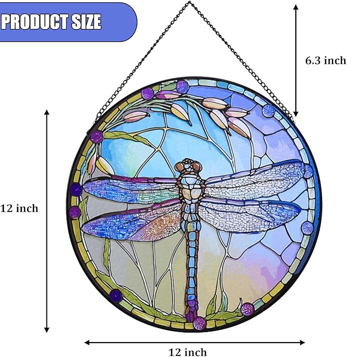 12 Inch Stained Glass Window Hanging, Large Dragonfly Suncatcher, Stained Glass Window Suncatcher, Dragonfly Home Wall Art Decor for Indoor/Outdoor, Hand Colorful Panel Sun Catcher, Gift for Mom