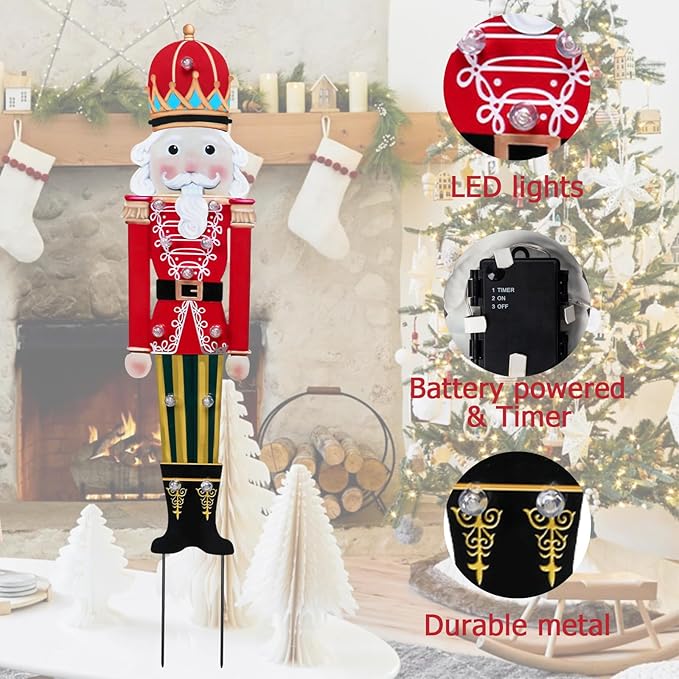 Afirst Christmas Yard Stakes Lighted Up Christmas Outdoor Decorations LED Nutcracker with Crown Lighted Metal Yard Stakes Outdoor Xmas Stake Lawn Pathway Outdoor Decoration