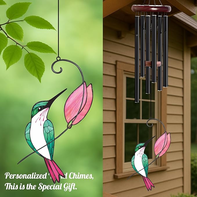 Personalized Metal Wind Chime Garden Sign, 40 Inch Outdoor Colorful Bird & Flower Memorial Decor, Yard Hanging Plaque for Patio Porch Lawn (JSTY367)