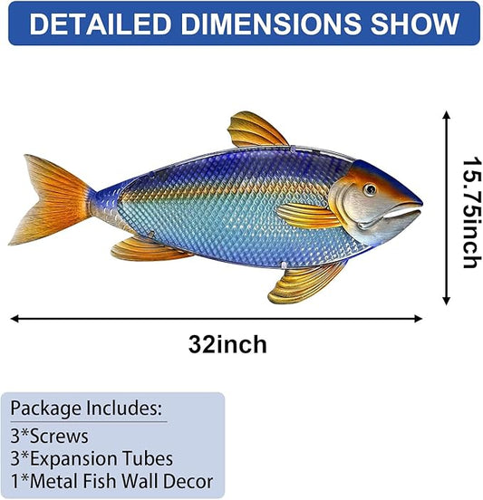 LIFFY Metal Fish Wall Decor,32“ Large Metal & Glass Tuna Artworks Home Decorative Ornaments,Indoor Outdoor Ocean Coastal Wall Hanging Decorations for Pool Garden Yard Patio