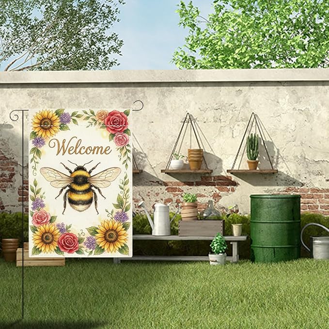 Welocome Spring Summer Bee Garden Flag Sun Flowers Floral Spring Garden Flag Decor Summer Double Sided House Flag for Outside Yard Decorations 12×18 Inch