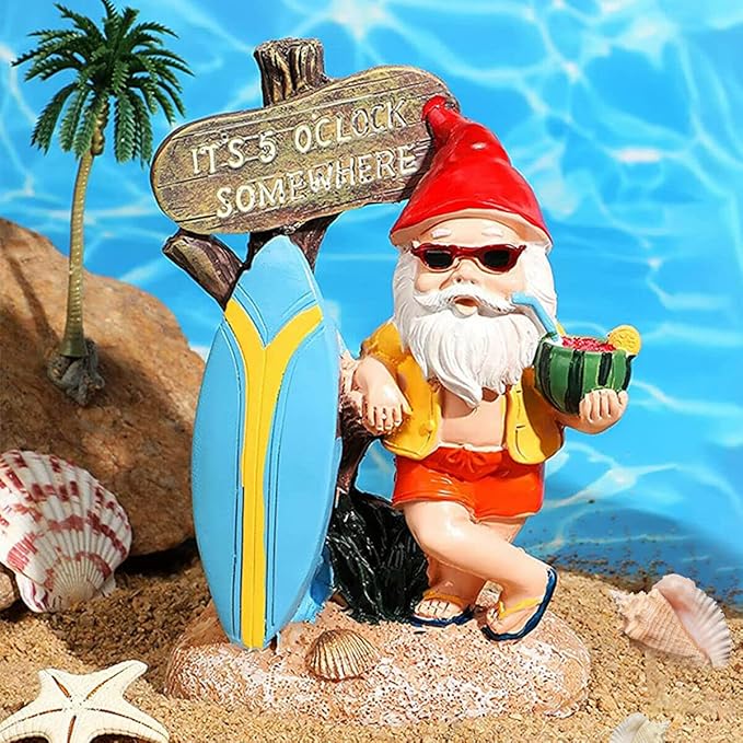 Garden Gnomes Outdoor Funny Statue - It's 5 O'Clock Somewhere Resin Decor, Weather-Resistant Humor Gift for Lawn, Patio, Yard, Indoor & Outdoor Use (5 O'Clock)