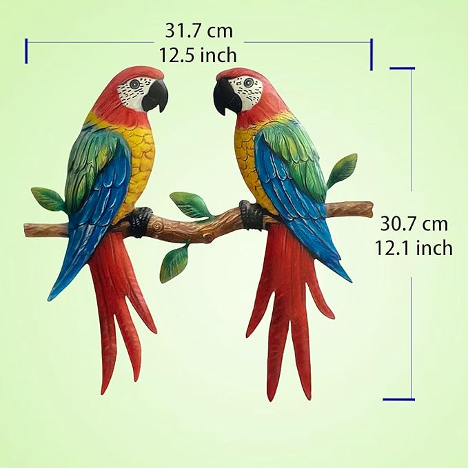 Limygus Metal Two Parrot Wall Decor, Bright Color Tropical Bird Outdoor Wall Art Patio Fence Decorations, Hanging Bird Decor for Garden Yard Living Room Bedroom Balcony