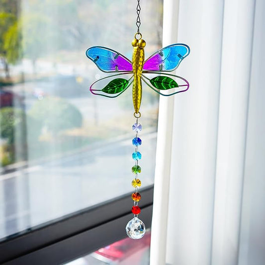 14'' Dragonfly Decor Stained Glass Suncatcher for Windows Hanging Crystal Sun Catcher Prism Rainbow Maker Pendant Ornament for Christmas Tree
