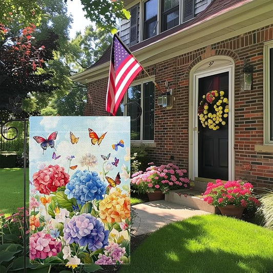 Hydrangea Garden Flag 12x18 Double Sided, Spring Summer Floral Welcome Yard Decor, Farmhouse Outdoor Flag for Lawn Patio Porch
