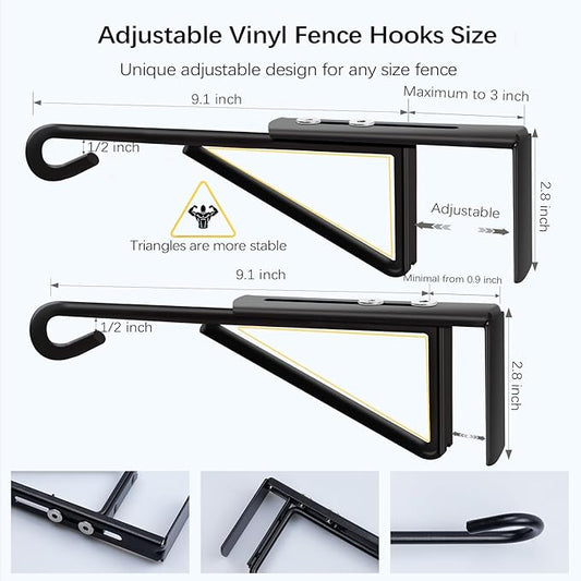 Adjustable (0.9-3") Vinyl Fence Hooks for Hanging Plants, Over the Railing Fence Plant Hangers Outdoor, Black Heavy Duty Coated Steel Patio Hooks for Hanging Bird Feeders, Lights, Basket, Pool Tools