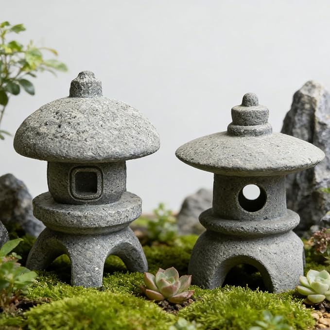 Miniature Pagoda Figurines Japanese Style Zen Garden Decor Set 2Pcs Waterproof Stone Lanterns for Bonsai Outdoor Garden Landscaping