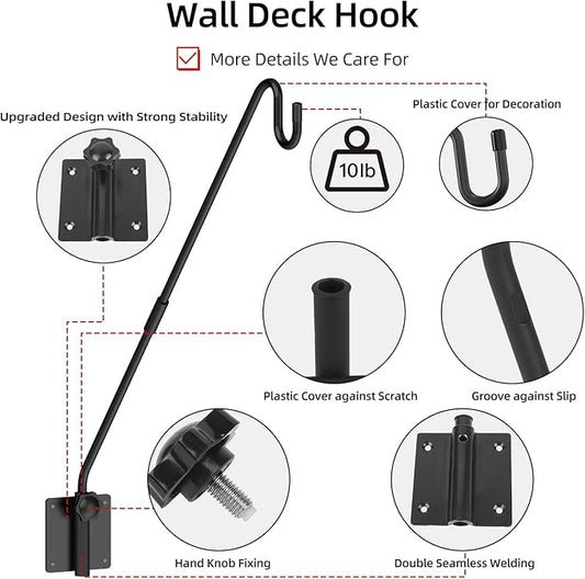 Deck Hook Wall Mounted - Heavy Duty Metal Shepherds Hook Bracket for Outdoor Plant Hanger, Bird Feeder Hanger, Plant Hooks, Flower Baskets, Lanterns - 360° Rotating Pole, Extended Arm