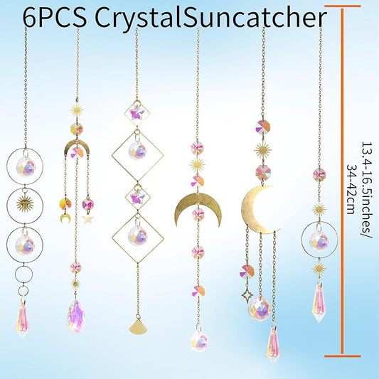6pcs Crystal Suncatcher, Sun Catcher Hanging for Windows, Spiritual, Rainbow Maker, Crystal Indoor Garden Home Decor,Gemstone Prism(Set 2)