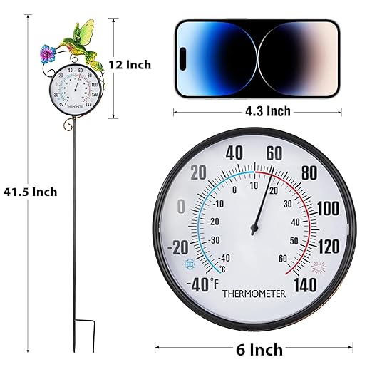 Outdoor Thermometer, Hummingbird Hanging Wall Thermometer & 42" Metal Garden Stake Outside Thermometers Waterproof Decorative for Patio,Lawn,Room,Greenhouse, No Battery Required Garden Gifts