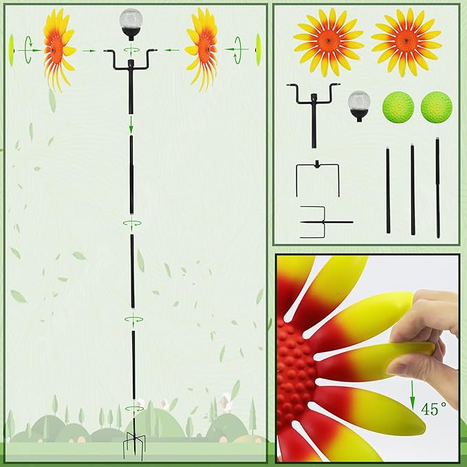 Decorative Metal Garden Daisy-Style Rotator, Decorative Garden Post, Daisy-Style Sculpture Courtyard. Outdoor Courtyard Art. (Yellow)