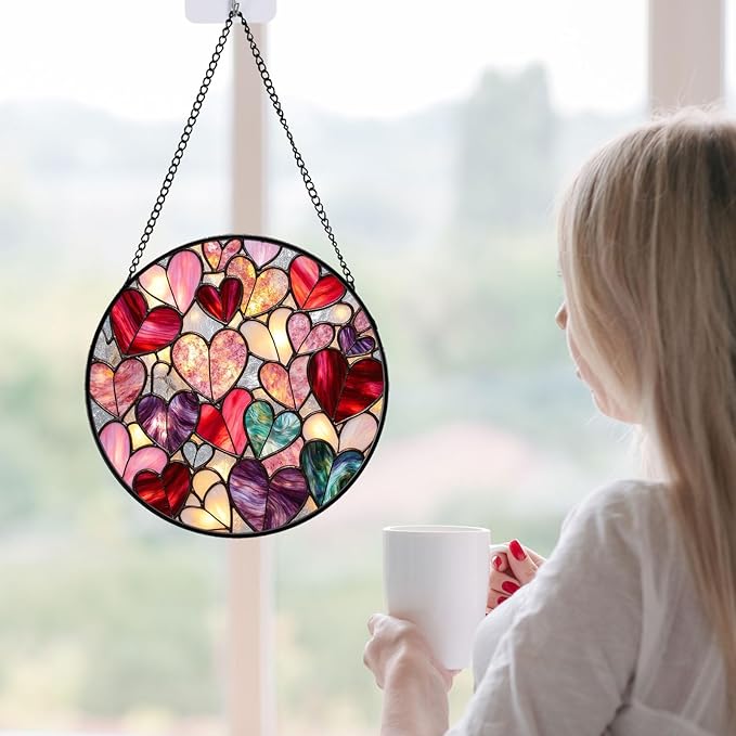 Heart Stained Glass Suncather for Window Hanging, 7.9'' Pink Love Heart Ornament Gift for Women Mom, Romantic Wall Art Home Decor Gifts for Anniversary Wedding (Pink Heart, 7.9'')