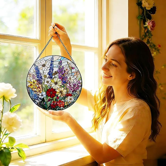 Stained Glass Window Hanging, 8 Inch Wildflower Suncatcher, Flower Sun Catchers Indoor Window, Floral Suncatchers for Windows Hanging, Spring Home Garden Decor Panel Plant Lovers Gifts for Mom Grandma