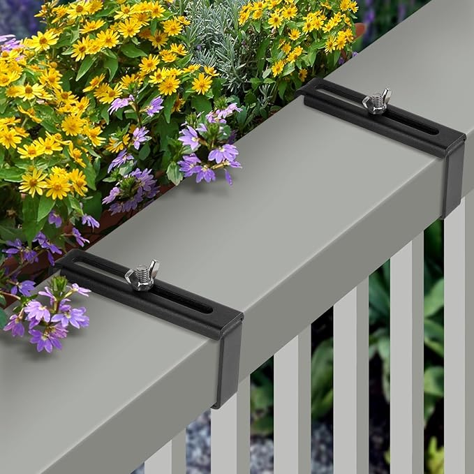 Adjustable Planter Box Bracket, Black, 1 Pair - Hanging, Metal Alloy Steel Iron, Compact, No Drill, Fits 5-8.3 Inch Width, Suitable for Railings, Windows, Balconies, Fences