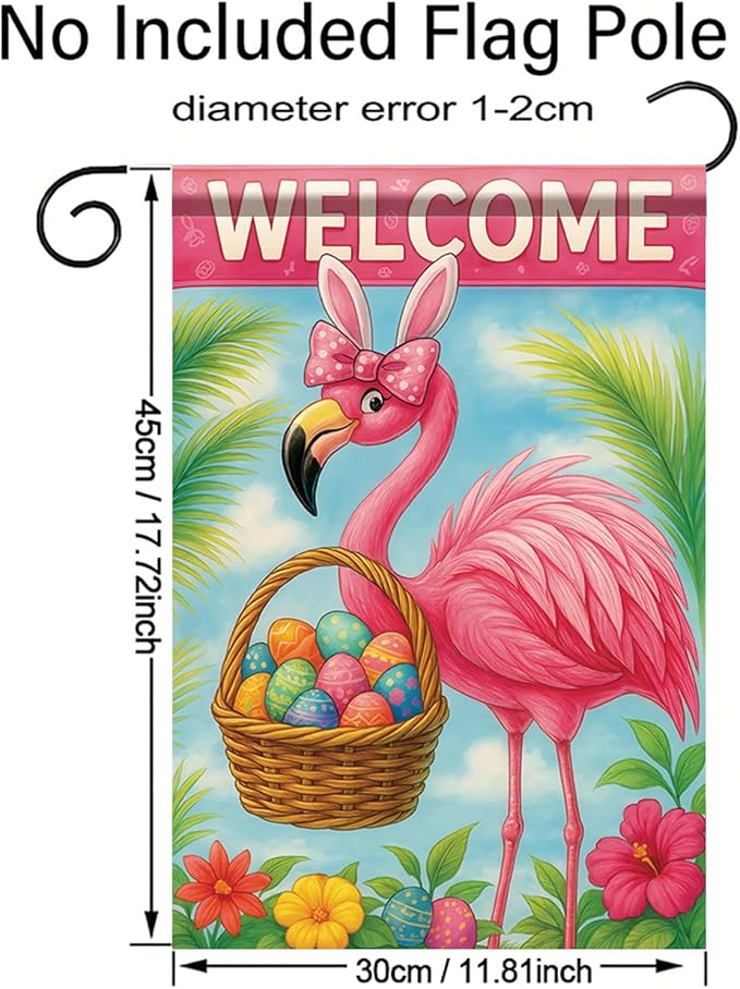 Spring Easter Garden Flag 12x18 Inch Flamingo Bunny Welcome Egg Basket Tropical Floral Design Outdoor Yard Porch Lawn Garden for Seasonal Farmhouse Home Decor
