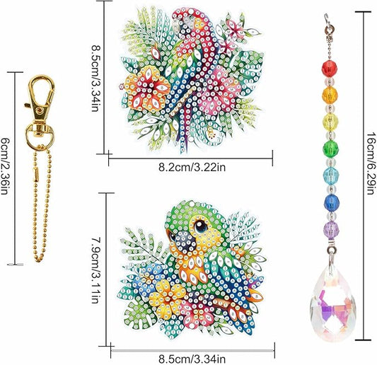 MVVMTOP 2pcs Diamond Art Painting Wind Chime with Crystal Pendant, DIY Parrot Double-Sided Design Special Shape Acrylic Crystal Diamond Ornament, Home Window Garden Hanging Pendant Decoration