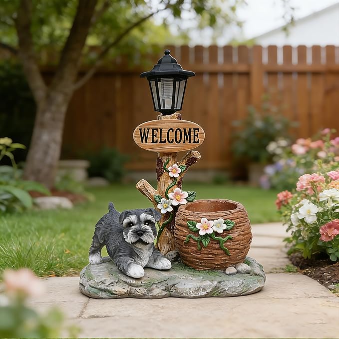 20" Solar Schnauzer Garden Statue with Welcome Sign & Planter - Large Dog Sculpture with LED Street Lantern - Weatherproof Resin Decorative Flower Pot for Porch, Yard & Patio - Pet Lover Gift