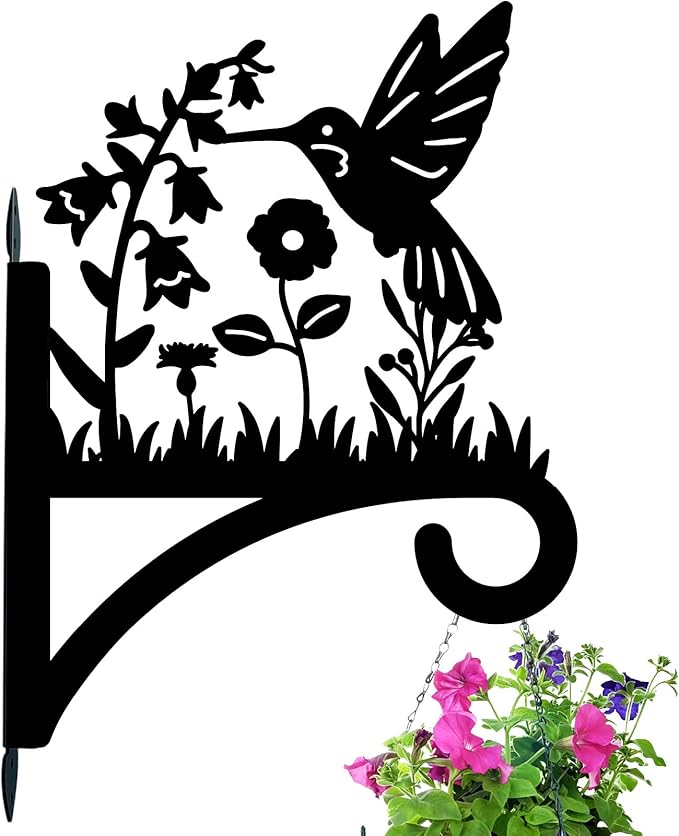 Hummingbird Plant Hanger Hooks Iron Plant Brackets 10.6 x 14.1 Inch Black Flowers Bird Silhouette Indoor Outdoor Decorative Basket Wall Mounted Hanging Bracket for Garden Wind Chime Lantern